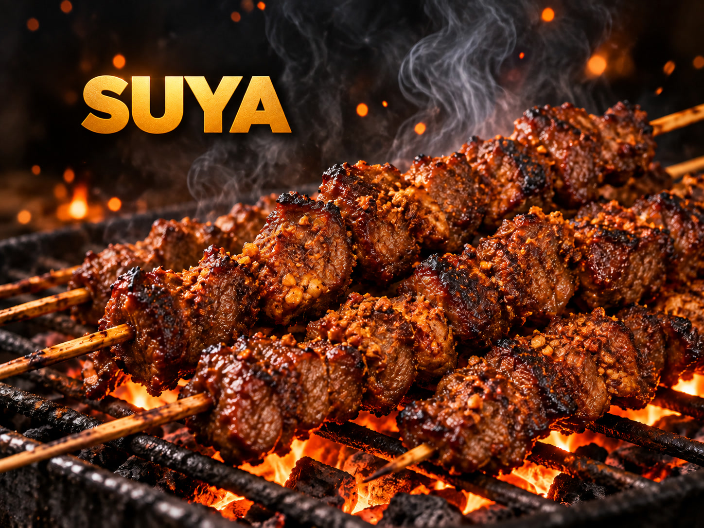 Grilled Nigerian suya skewers over glowing charcoal